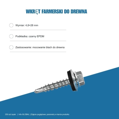 Wkręty farmerskie do blachy 4,8x28 mm do drewna – ocynk, 250 szt.